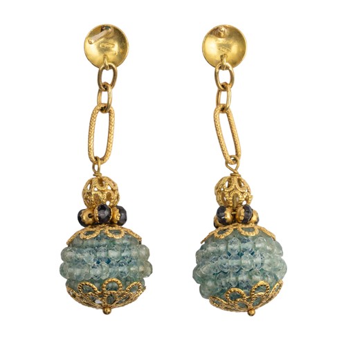 35 - A pair of crystal and 18 ct gold pendant earringsThe spherical drops composed of faceted crystal bea... 