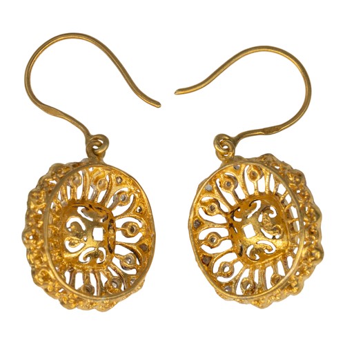 18 - A pair of opal and rose-cut diamond pendant cluster earrings