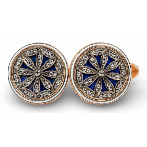 66 - A pair of rose-coloured gold enamel and diamond cufflinks, probably Russian.The circular tops with p... 