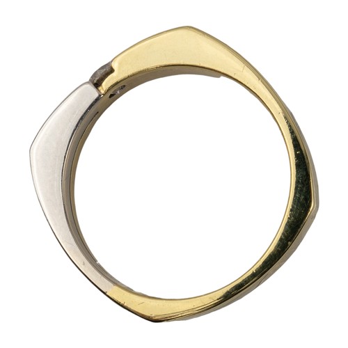 64 - A heavy two-coloured gold and diamond ringThe cushion-shaped band set to the centre with a brilliant... 