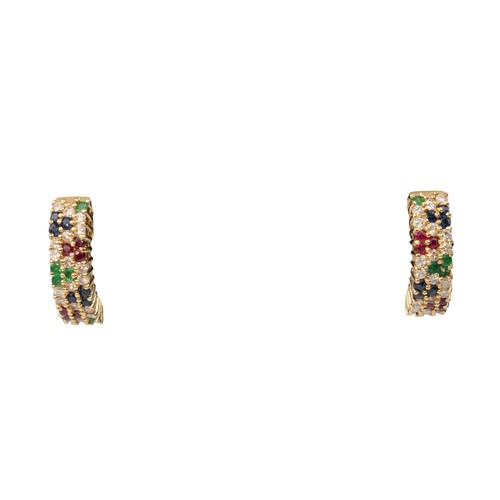 68 - A pair of multi gem-set ear clips, circa 1980Set throughout with diamonds, rubies and sapphiresTotal... 