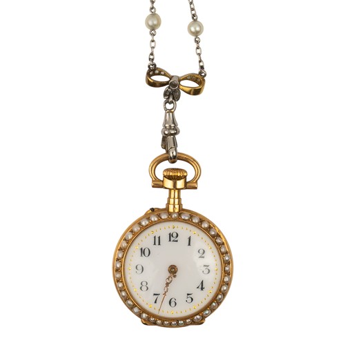 71 - Victorian, A diamond pearl watch, chain and brooch, circa 1880A J.E. Caldwell & Co, Philadelphia... 