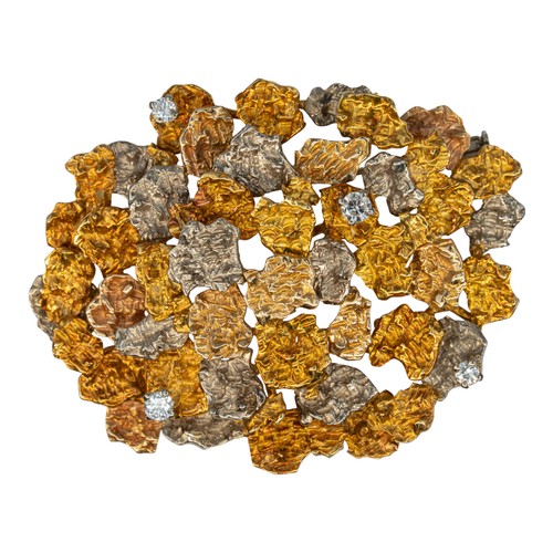 82 - Alan Martin Gard, 1969A molten three-coloured gold abstract brooch/pendant, set with four brilliant-... 