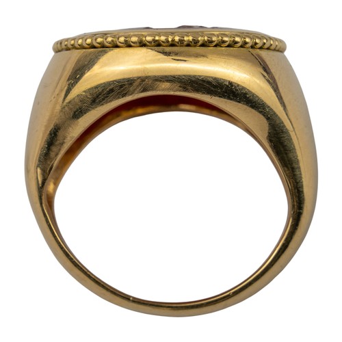 104 - Romano-Egyptian, 1st centuryA Zeus Ammon and Isis carnelian intaglio dress ring. Set in a later heav... 