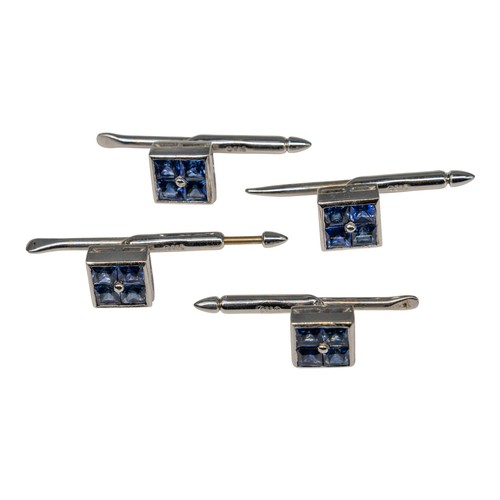 116 - Sapphire and 14k white gold cufflinks and studsEach with four square-shaped sapphires set to the cen... 