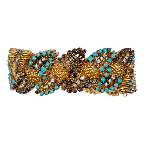 112 - An unusual gold and gem-set bracelet, circa 1960Composed of leaf-shaped links, with wire-twist conne... 