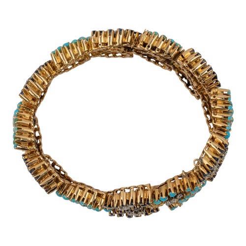 112 - An unusual gold and gem-set bracelet, circa 1960Composed of leaf-shaped links, with wire-twist conne... 