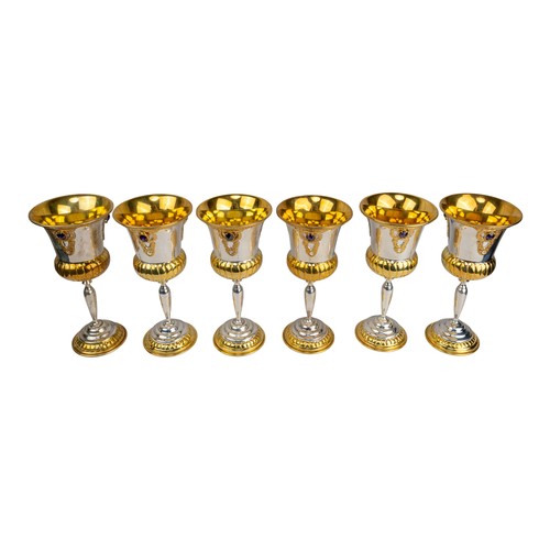 171 - ContinentalA set of six 925 silver and gem-set cups. Partly gilt, and set with three amethyst-colour... 