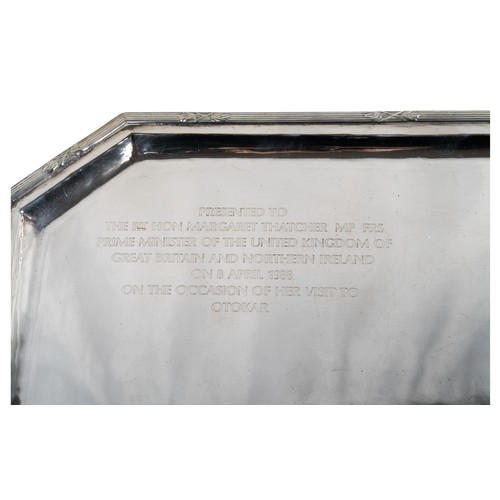 172 - A group of silver-plated items having belonged to Baroness Margaret ThatcherIncluding a tray commemo... 