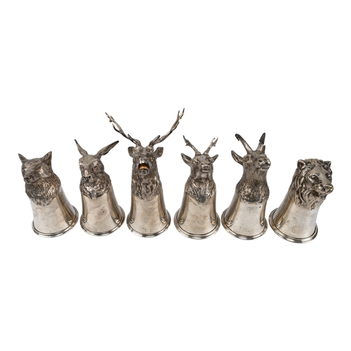 152 - GermanA set of six J.D. Schleissner & S&ouml;hne 925 silver stirrup cups. Each topped with an an... 