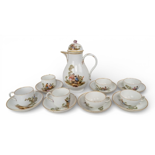 300 - An 18th century Meissen chocolate and tea setFeaturing a chocolate pot, seven cups of two differing ... 