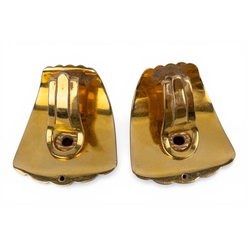 5 - An attractive pair of tow-coloured 18ct gold green and red tourmaline ear clips, of fluted fan desig... 