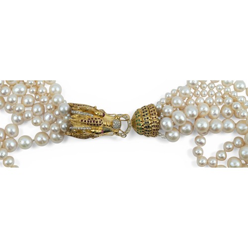 9 - A striking 14ct gold and diamond and gem-set dragon pearl necklaceComposed of seven rows of cultured... 