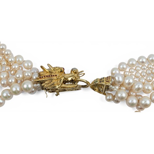 9 - A striking 14ct gold and diamond and gem-set dragon pearl necklaceComposed of seven rows of cultured... 