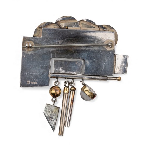 10 - Barbara BertagnolliAn abstract Secessionist-style silver and gold moonstone brooch, with a fringe pe... 