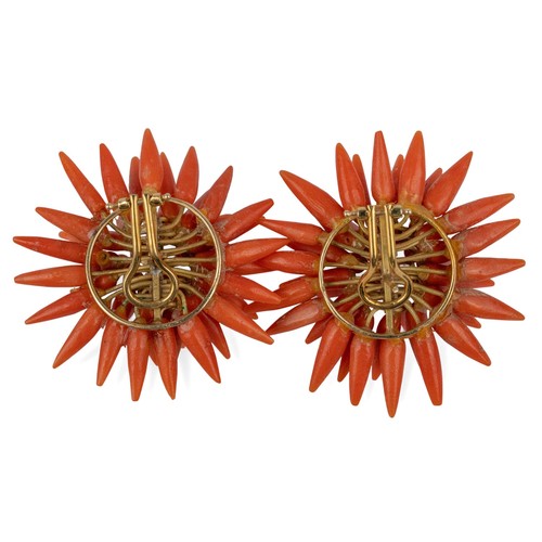 23 - Circa 1950, ItalianA pair of avant-garde red coral and gold ear clipsEach designed as a coral-spiked... 