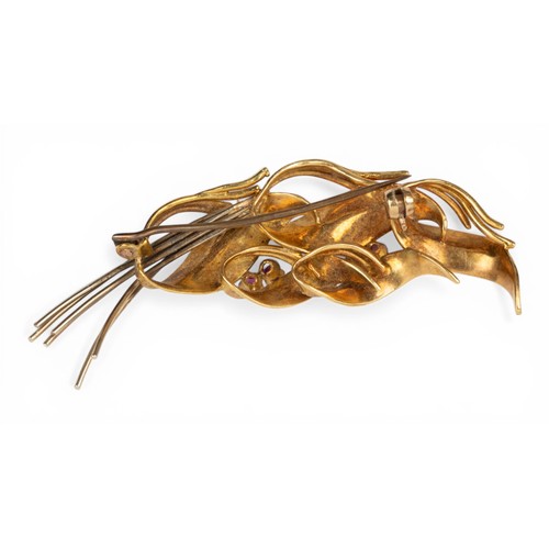 32 - 1960s, A 14ct gold and ruby spray broochDesigned as entwined brush-textured leaves, set with four sm... 