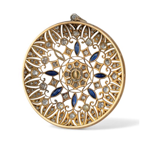 48 - Antique, A diamond and synthetic sapphire roundel pendantFinely pierced and set throughout old brill... 