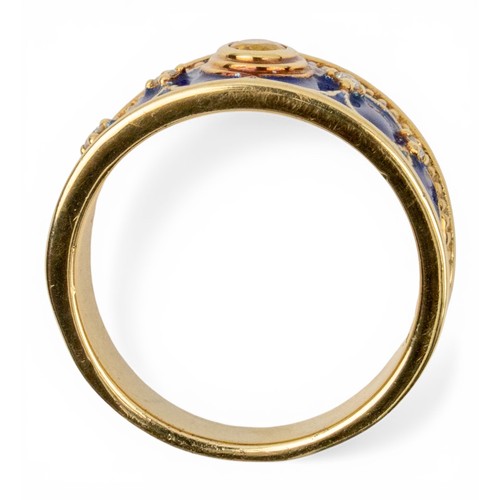 51 - A 14ct gold, blue enamel, diamond and yellow sapphire ring, of tapered templar styleFinger size: OTo... 