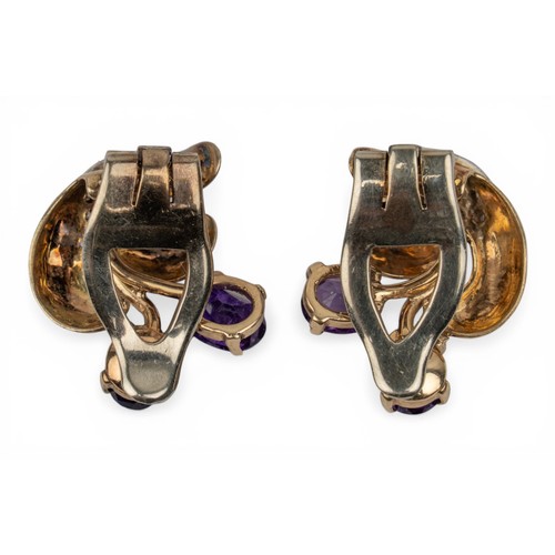 54 - Circa 1950sA pair of 9ct gold, amethyst and diamond cornucopia scroll ear clipsTotal width: Approx. ... 