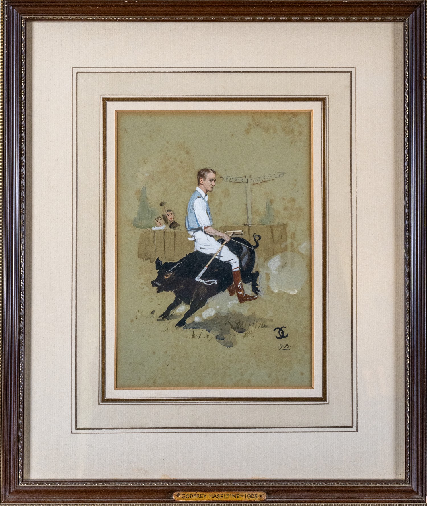 Monogrammed 'CC'A caricature of Godfrey Haseltine riding a sow ...
