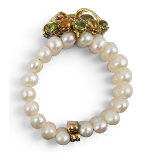 21 - Carero, A contemporary multi gem set and cultured pearl cuff braceletThe front set with cabochon and... 