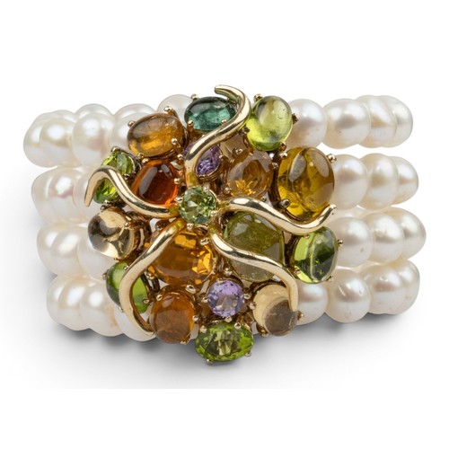 21 - Carero, A contemporary multi gem set and cultured pearl cuff braceletThe front set with cabochon and... 