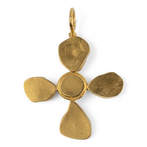 29 - An 18k yellow gold aquamarine and pearl cross pendantThe cross formed with a split pearl centre, wit... 