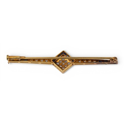 32 - Antique, A rose-cut diamond and synthetic sapphire bar broochMounted in platinum and goldTotal width... 