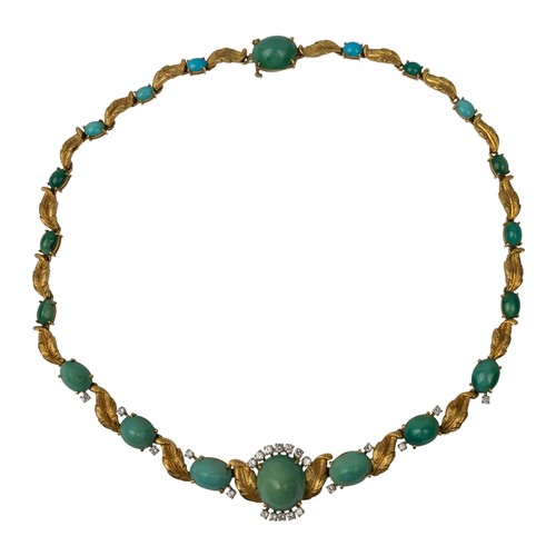 34 - A turquoise and 18k yellow gold necklace, circa 1950sSet with twenty graduated cabochon turquoise, w... 