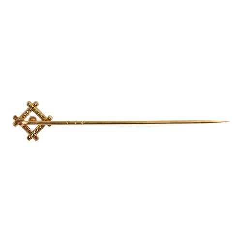 31 - Antique, A diamond, ruby, emerald and pearl stick pin, circa 1905The diamond and ruby and emerald ba... 
