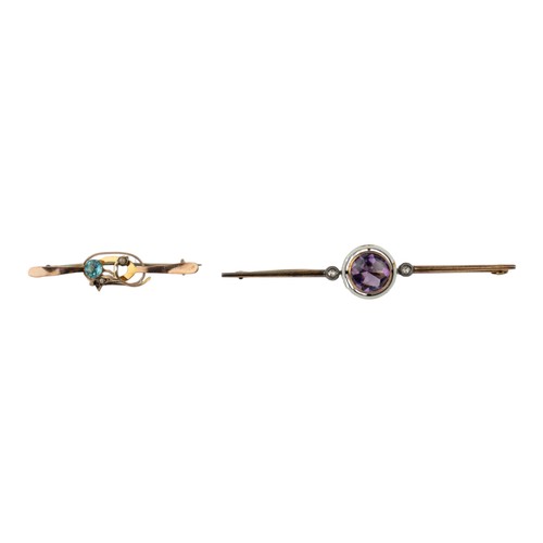 30 - Antique, A group of broochesTo include:[a] A diamond, ruby and pearl scroll brooch[b] A rose-cut dia... 