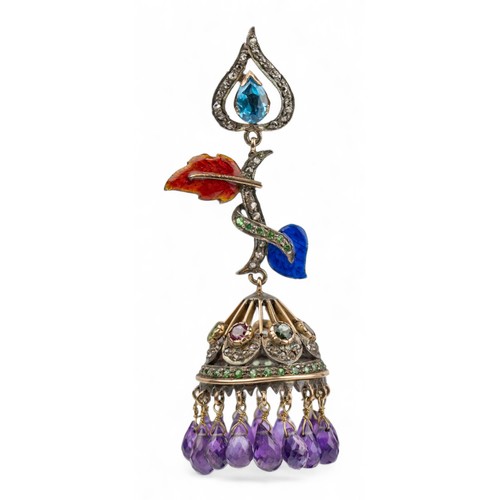 36 - A striking pair of diamond and gem-set pendant earringsThe scrolled tops set with rose-cut diamonds ... 