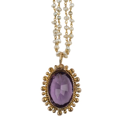 40 - Antique, A natural pearl chain with an amethyst and split pearl pendantThe natural pearl and gold ch... 