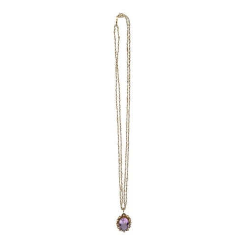 40 - Antique, A natural pearl chain with an amethyst and split pearl pendantThe natural pearl and gold ch... 