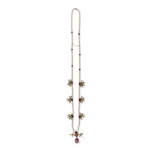 49 - Indian, A gem-set gold and cultured pearl necklaceThe non-nucleated pearls set at intervals with gol... 