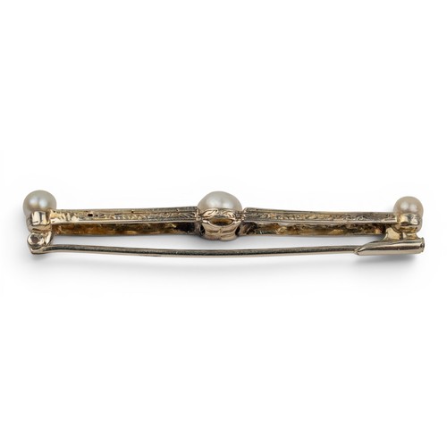 3 - Antique, A natural pearl and diamond bar brooch, circa 1920The bar set with three graduated bouton-s... 