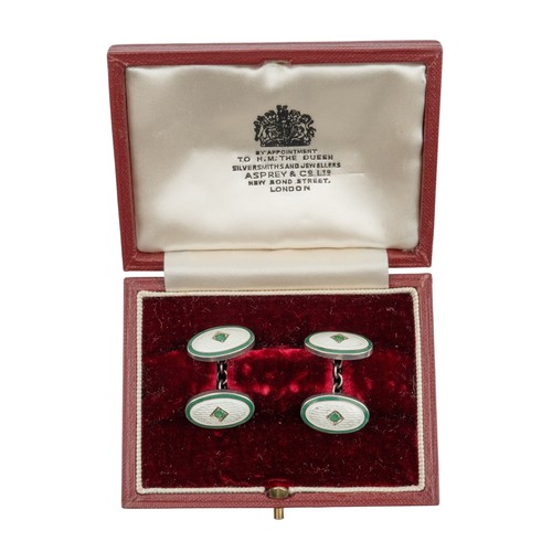 2 - AntiqueA pair of guilloche enamel and emerald silver cufflinks in Asprey's case.