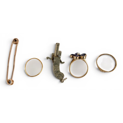 9 - A group of gold itemsTo include:[a] A Georgian-style amethyst, gold and split pearl pansy ring. Appr... 