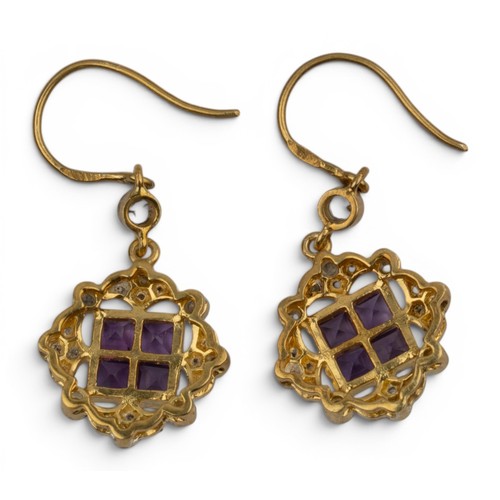 22 - A pretty pair of amethyst and diamond pendant earringsSet with square-cut amethyst and rose-cut diam... 
