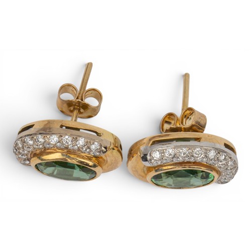 18 - A pair of green tourmaline, diamond and 18ct gold earringsEach set to the centre with a pretty colou... 