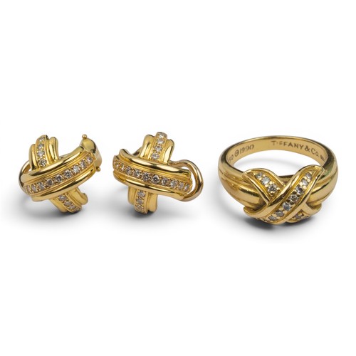 29 - Tiffany & Co, A pair of 18ct gold and diamond 'X' earrings and matching ringSigned 'T & Co' ... 