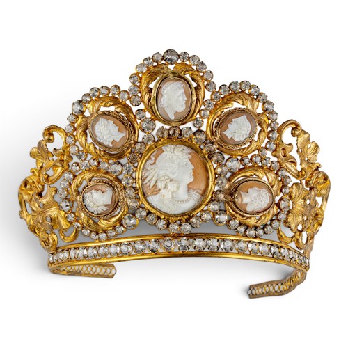 37 - 19th century, A Palais Royal shell cameo gilt-metal and paste tiaraThe centre set with a large shell... 