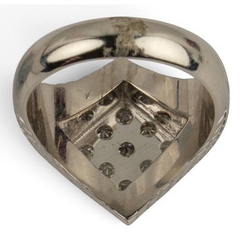 49 - An 14 ct white gold and diamond dress ring, circa 1970The lozenge-shaped top pave-set to the centre ... 