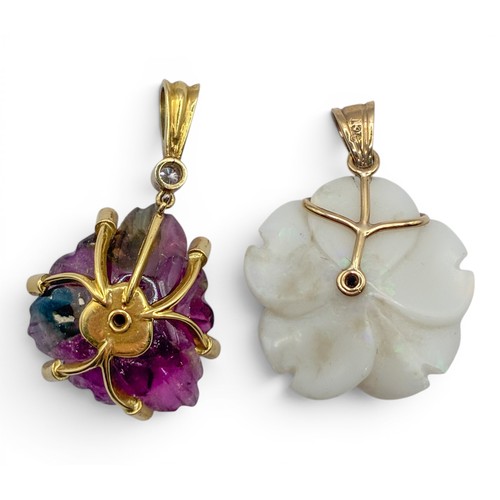 6A - Two gold and gem-set flower pendantsTo include a watermelon tourmaline pansy mounted in gold with di... 