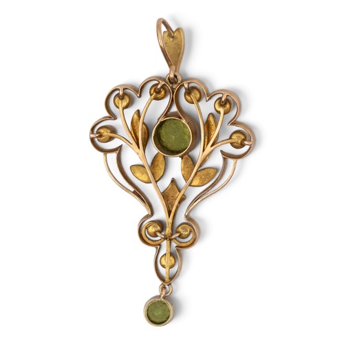 19 - Edwardian, A gold, split pearl and peridot pendantOf stylised Art Nouveau form, milgrain set to the ... 
