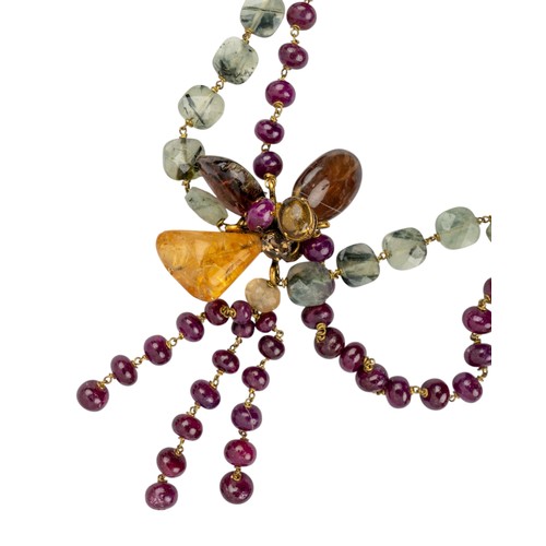 30 - Iradj Moini, A striking multi gem-set and ruby bead necklace.With cabochon smoky quartz and gem-set ... 