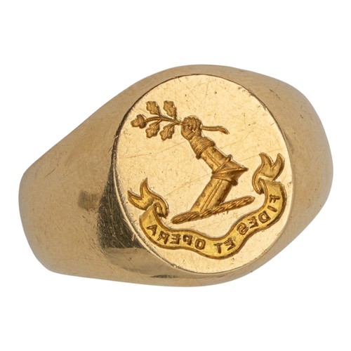 22 - An 18ct yellow gold signet ringWith family crest and 'Fides et Opera' motto engraved to the topFinge... 