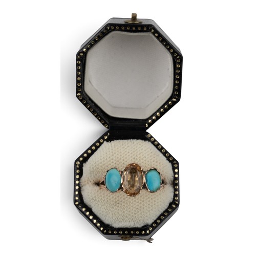 54 - Antique, A turquoise, gold and citrine three-stone ring, circa 1830Set to the centre with a collet-s... 