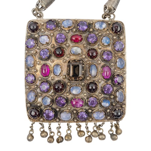 57 - Eastern, A gem-set bib necklaceThe cushion-shaped plaque set to the centre with a step-cut smoky qua... 
